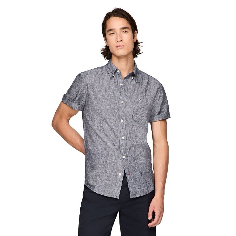 Men's Tommy Hilfiger Short Sleeve Linen Blend Solid Shirt NEW XXL Chambray